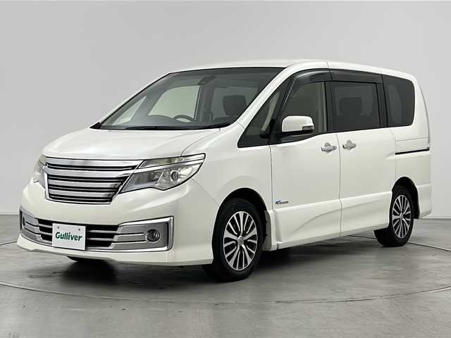 日産 セレナ HWS S HV Vセレ +Sefty 群馬県 2014(平26)年 8.4万km ブリリアントホワイトパール 純正8型ナビ 純正10型後席モニター　バックカメラ　両側電動スライドドア　衝突被害軽減ブレーキ　アイドリングストップ　レーンキープアシスト　オートライト　LEDヘッドライト　オートライト　禁煙車