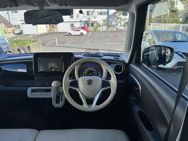 スズキ ワゴンＲ スマイル HYBRID X 静岡県 2022(令4)年 3.4万km インディゴブルーメタリック/ホワイト2トーン 純正SDナビ（CN-RZ875)/・Bluetooth・フルセグTV・CD・DVD/・FM/AMラジオ・USB・iPod/全方位モニター/ETC/両側パワースライドドア/スズキセーフティサポート/・デュアルカメラブレーキサポート/・誤発進抑制機能・車線逸脱警報機能/・ふらつき警報機能・ハイビームアシスト/・先行車発進お知らせ機能/・アダプティブクルーズコントロール/・標識認識機能/・後退時ブレーキサポート/・後方誤発進抑制機能/・リヤパーキングセンサー/D席シートヒーター/ステアリングスイッチ/革調シートカバー/スマートキー（スペア有り）/プッシュスタート/LEDヘッドライト/LEDフォグランプ/ウィンカーミラー/取説・保証書