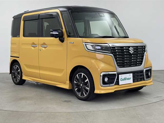 スズキ スペーシア カスタム HYBRID XS ターボ 鹿児島県 2018(平30)年 3.9万km アクティブイエロー/ブラック2トーンルーフ 純正SDナビ/（AM/FM/CD/DVD/Bluetooth）/全方位モニター/ヘッドアップディスプレイ/両側パワースライドドア/ビルトインETC/ドライブレコーダー/オートライト/LEDライト/パドルシフト/シートヒーター【D席】/クルーズコントロール/アイドリングストップ/スマートキー/AAC/横滑り防止装置/衝突被害軽減システム/クリアランスソナー/後部コーナーセンサー/レーンキープアシスト/純正フロアマット/純正アルミホイール