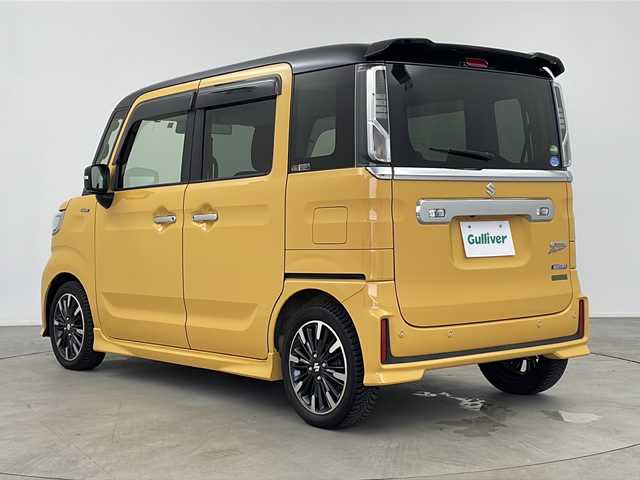 スズキ スペーシア カスタム HYBRID XS ターボ 鹿児島県 2018(平30)年 3.9万km アクティブイエロー/ブラック2トーンルーフ 純正SDナビ/（AM/FM/CD/DVD/Bluetooth）/全方位モニター/ヘッドアップディスプレイ/両側パワースライドドア/ビルトインETC/ドライブレコーダー/オートライト/LEDライト/パドルシフト/シートヒーター【D席】/クルーズコントロール/アイドリングストップ/スマートキー/AAC/横滑り防止装置/衝突被害軽減システム/クリアランスソナー/後部コーナーセンサー/レーンキープアシスト/純正フロアマット/純正アルミホイール