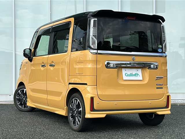 スズキ スペーシア カスタム HYBRID XS ターボ 福岡県 2018(平30)年 3.9万km アクティブイエロー/ブラック2トーンルーフ セーフティサポート/デュアルカメラブレーキサポート/クリアランスソナー/誤発進抑制機能/車線逸脱警報/先行車発進告知/標識認識機能/純正8インチナビ/（フルセグ/CD/DVD/BLUETOOTH)/全方位カメラ/両側パワースライドドア/LEDライト/オートライト/ハイビームアシスト/ハーフレザーシート/D席シートヒーター/クルーズコントロール/パドルシフト/ヘッドアップディスプレイ/ETC/ドライブレコーダー/スマートキー/天井サーキュレーター
