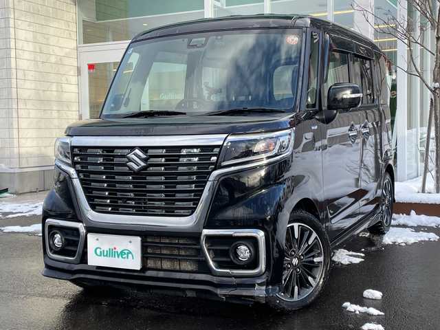 スズキ スペーシア カスタム HYBRID XS 道央・札幌 2020(令2)年 8.9万km ブルーイッシュブラックパール3 ・ワンオーナー/・4WD/・純正SDナビ/・CD/DVD/SD/フルセグTV/・Bluetooth接続/・スズキセーフティサポート/・衝突被害軽減ブレーキ/・レーンキープアシスト/・ヘッドアップディスプレイ/・LEDオートライト/・ハイビームアシスト/・アラウンドビューモニター/・両側パワースライドドア/・ハーフレザーシート/・前席シートヒーター/・ステアリングスイッチ/・ビルトインETC/・リアドアウィンドウサンシェード/・純正フロアマット/・積込夏タイヤ社外AWセット/165/55/R15　24年製/・社外エンジンスターター/・前方ドライブレコーダー/・スマートキー/・保証書/取扱説明書