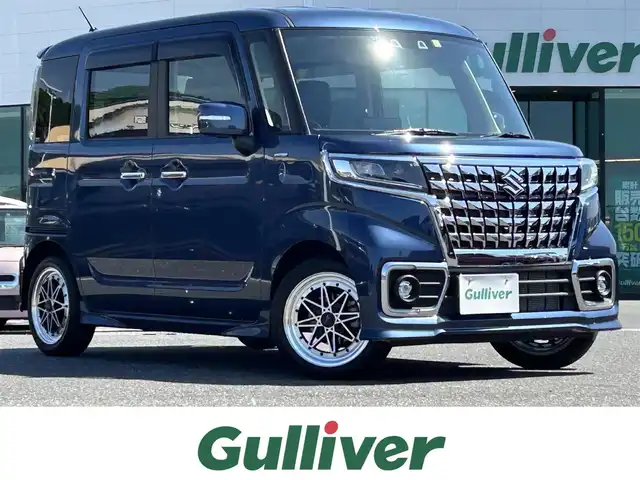 スズキ スペーシア カスタム HYBRID XS ターボ 島根県 2022(令4)年 0.6万km インディゴブルーメタリック デュアルカメラブレーキサポート/純正9インチナビ/フルセグTV/Bluetooth/USB/全方位カメラ/純正アルミホイール付きスタッドレス積み込み/レーダークルーズコントロール/両側パワースライドドア/LEDオートライト/ハーフレザー調シート/シートヒーター /ビルトインETC/ステアリングスイッチ/純正フロアマット/純正ドアバイザー/スマートキー/プッシュスタート /パドルシフト