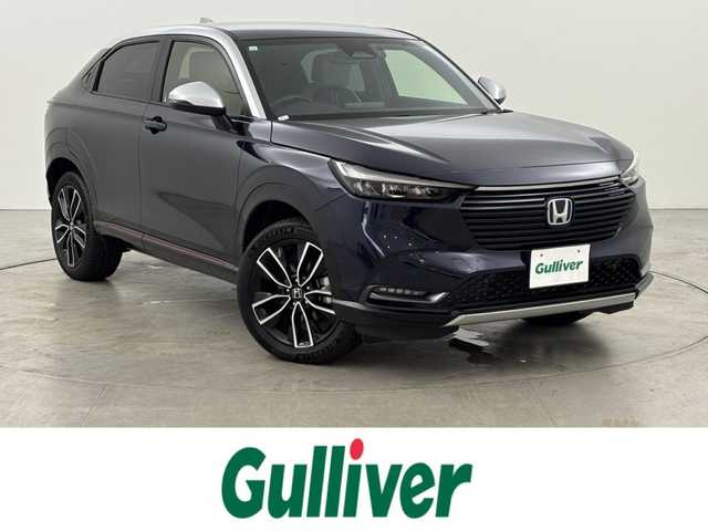ホンダ ヴェゼル ハイブリッド e:HEV PLaY 福岡県 2023(令5)年 0.6万km ミッドナイトブルービームM ワンオーナー　/ガラスルーフ　/純正ナビ　/置くだけ充電　/ビルトインＥＴＣ２．０　/前後ドラレコ　/ホンダセンシング　/パドルシフト　/ハーフレザー　/シートヒーター　/ステアリングヒーター　/パワーバックドア　/ＬＥＤ