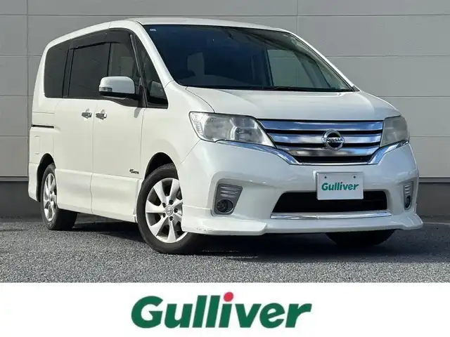 日産 セレナ ハイウェイスター S HV Vセレ 茨城県 2013(平25)年 7.3万km ブリリアントホワイトパール 純正ナビ　(AM/FM/CD/Bluetooth/ワンセグ)/フリップダウンモニター(ALPINE)/バックカメラ/クルーズコントロール/両側パワースライドドア/ETC/W(後席)エアコン/純正16インチアルミホイール/純正フロアマット/オートライト/パワーステアリング/横滑り防止装置/Wエアバック/スマートキー