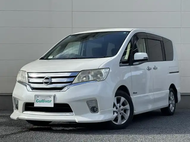 日産 セレナ ハイウェイスター S HV Vセレ 茨城県 2013(平25)年 7.3万km ブリリアントホワイトパール 純正ナビ　(AM/FM/CD/Bluetooth/ワンセグ)/フリップダウンモニター(ALPINE)/バックカメラ/クルーズコントロール/両側パワースライドドア/ETC/W(後席)エアコン/純正16インチアルミホイール/純正フロアマット/オートライト/パワーステアリング/横滑り防止装置/Wエアバック/スマートキー