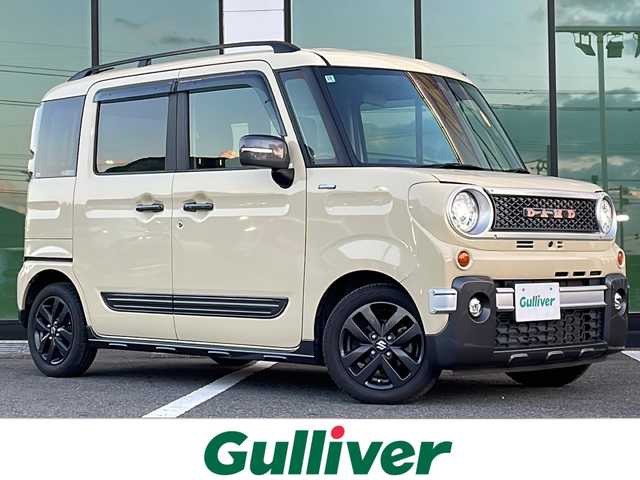 スズキ スペーシア ギア HYBRID XZターボ 福岡県 2022(令4)年 6.8万km シフォンアイボリーM ワンオーナー/DAMDフェイスチェンジキット装着車/ヘッドアップディスプレイ/社外メモリナビ/CN-R330D/フルセグTV/USB接続/BT接続/禁煙車/シートヒーター/ベンチシート/スペアキー1本有/純正ドアバイザー