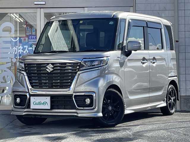 スズキ スペーシア カスタム HYBRID XS ターボ 岩手県 2018(平30)年 9.6万km スチールシルバーM 純正8型ナビ(SKX-S802）/(BT、DVD、USB、SD）/全方位モニター /両側電動ドア /フルセグTV /前席シートヒーター/ETC /クルーズコントロール /革ステアリング /ハーフレザーシート /TVキャンセラー /コーナーセンサー /衝突軽減装置/プッシュスタート/スマートキー/オートライト/フォグランプ/横滑り防止装置/純正ドアバイザー/純正フロアマット/保証書　取説　ナビ取説