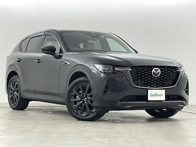 マツダ ＣＸ－６０ XD HV プレミアムスポーツ 福島県 2023(令5)年 2.7万km ジェットブラックマイカ 衝突軽減ブレーキ/・レーンキープアシスト/・クリアランスソナー/・レーダークルーズコントロール/純正ナビ/・フルセグTV/Bluetooth/USB/・全方位カメラ/・ETC/・ドライブレコーダー/サンルーフ/BOSEプレミアムサウンド/アイドリングストップ/パワーバックドア/電子パーキング/・オートホールド/4WD/・ダウンヒルアシストコントロール/革巻きステアリング/・ステアリングリモコン/・ステアリングヒーター/ハーフレザーシート/・パワーシート(運転席/助手席)/・メモリシート(運転席)/・シートヒーター（全席）/・エアシート(全席)/プッシュスタート/・スマートキー/・スペアキー/社外19インチアルミホイール付スタッドレスタイヤ/(235/55/R19) 山6mm/LEDヘッドライト/・オートライト/・フォグライト/・オートマチックハイビーム/純正フロアマット/保証書/取扱説明書