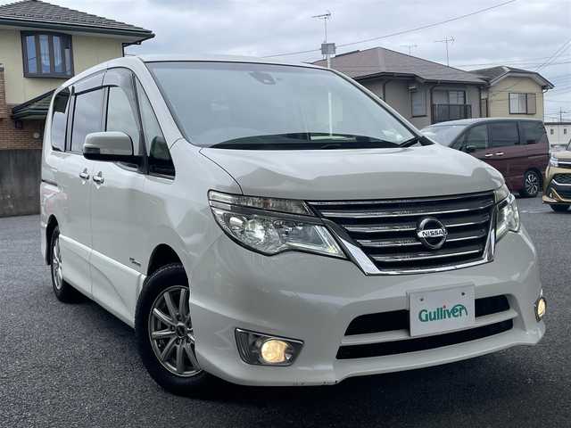 日産 セレナ HWS S HV Vセレ +Sefty 茨城県 2015(平27)年 8.5万km ブリリアントホワイトパール 社外HDDナビ（CD/DVD/HDD/ワンセグTV）/ETC/前ドライブレコーダー/エマージェンシーブレーキ/レーンキープ/革ステアリング/クルーズコントロール/プッシュスタート/LEDヘッドライト/フォグライト/純正サマータイヤ付き16インチAW積み込（195/60/16）/純正フロアマット/ドアバイザー