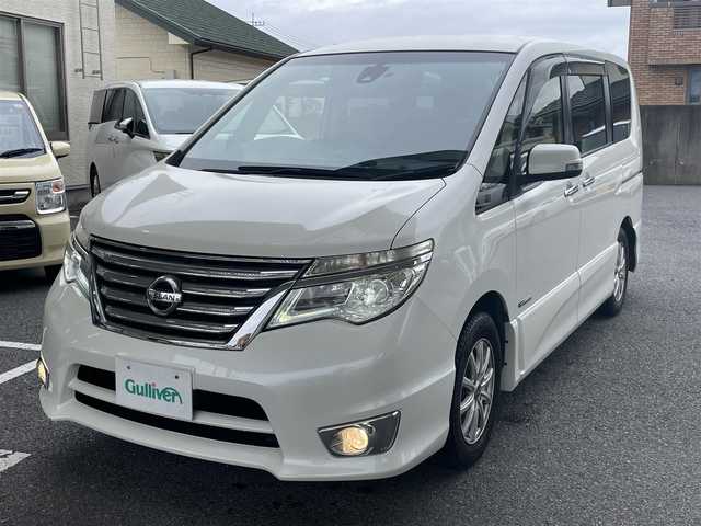 日産 セレナ HWS S HV Vセレ +Sefty 茨城県 2015(平27)年 8.5万km ブリリアントホワイトパール 社外HDDナビ（CD/DVD/HDD/ワンセグTV）/ETC/前ドライブレコーダー/エマージェンシーブレーキ/レーンキープ/革ステアリング/クルーズコントロール/プッシュスタート/LEDヘッドライト/フォグライト/純正サマータイヤ付き16インチAW積み込（195/60/16）/純正フロアマット/ドアバイザー