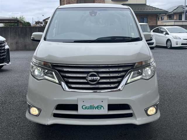 日産 セレナ HWS S HV Vセレ +Sefty 茨城県 2015(平27)年 8.5万km ブリリアントホワイトパール 社外HDDナビ（CD/DVD/HDD/ワンセグTV）/ETC/前ドライブレコーダー/エマージェンシーブレーキ/レーンキープ/革ステアリング/クルーズコントロール/プッシュスタート/LEDヘッドライト/フォグライト/純正サマータイヤ付き16インチAW積み込（195/60/16）/純正フロアマット/ドアバイザー