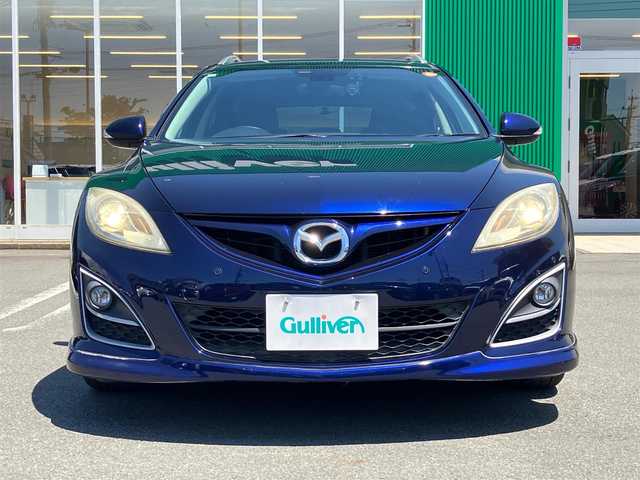 マツダ アテンザ スポーツワゴン 25EX 静岡県 2011(平23)年 8.3万km ストーミーブルーマイカ エンジンスタートボタン/保証書/取扱説明書/パワーステアリング/パワーウィンドウ/ダブルオートエアコン/クルーズコントロール/ETC/SDナビ（CD、DVD、フルセグTV、BT接続）/バック車外カメラ/ドライブレコーダー前後/社外フロアマット/D+N席パワーシート/レザーシート/D+N席シートヒーター/純正フロントエアロパーツ/純正アルミホイール/ABS/ルーフレール/横滑り防止装置/AFS/コーナーセンサー前後/オートライト/キセノンヘッドライト/Wエアバック
