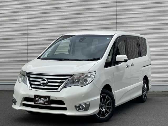 日産 セレナ ハイウェイスター Aセーフティ 岩手県 2014(平26)年 8.4万km ブリリアントホワイトパール 純正SDナビ/フリップダウンモニター/4WD/片側パワースライドドア/クルーズコントロール/電動格納ミラー/バックカメラ/WAC/アイドリングストップ/全方位カメラ
