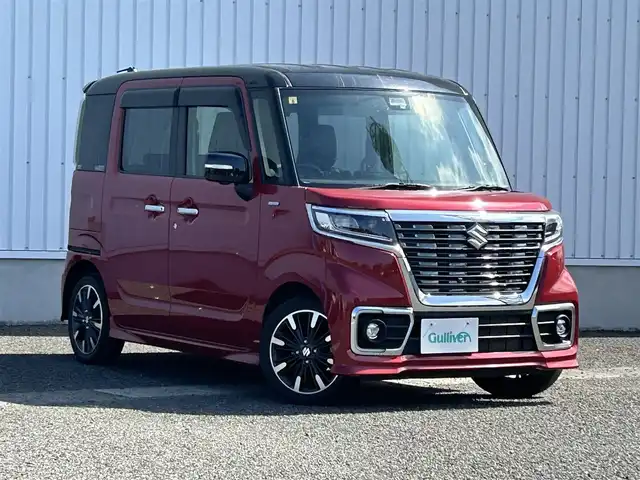 スズキ スペーシア カスタム HYBRID XS 熊本県 2019(令1)年 2.8万km フェニックスレッドパール/ブルーイッシュブラックパール 社外SDナビ/・AM/FM/CD/DVD/SD/フルセグTV/・全方位カメラ/スズキセーフティーサポート/・衝突被害軽減システム/・車線逸脱警報/・パーキングセンサー/横滑り防止装置/ステアリングリモコン/両側パワースライドドア/D席シートヒーター/ハーフレザーシート/LEDヘッドライト/オートライト/フォグランプ/アイドリングストップ/純正フロアマット/純正アルミホイール/純正ドアバイザー/プッシュスタート/スマートキー