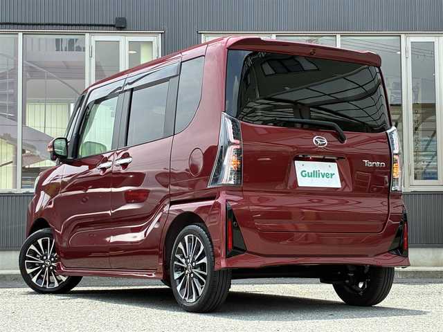 ダイハツ タント カスタム RS 京都府 2022(令4)年 1.4万km ファイアークォーツレッドM 登録時走行距離13571Km/ターボ/スマートアシスト/・衝突回避支援ブレーキ/・衝突警報機能/・ブレーキ制御付誤発進抑制機能/・車線逸脱警報機能/・車線逸脱抑制制御機能/・路側逸脱警報機能/・ふらつき機能/・先行車発進お知らせ機能/・標識認識機能/・アダプティブドライビングビーム/・コーナーセンサー/パノラマモニター/両側パワースライドドア/社外8型メモリーナビ/・フルセグTV/・CD/DVD再生/・BT接続/社外前後ドラレコ/ETC/電動パーキング/・オートブレーキホールド/ハーフレザーシート/・前席シートヒーター/・後席用シートバックテーブル/レザーステアリング/・ステアリモコン/後席ロールアップサンシェード/ISOFIX/アイドリングストップ/プッシュスタート/スマートキー×2個/純正15インチアルミホイール/LEDヘッドライト/LEDフォグランプ/純正ドアバイザー/社外フロアマット/車両保証書/車両取説/ナビ取説