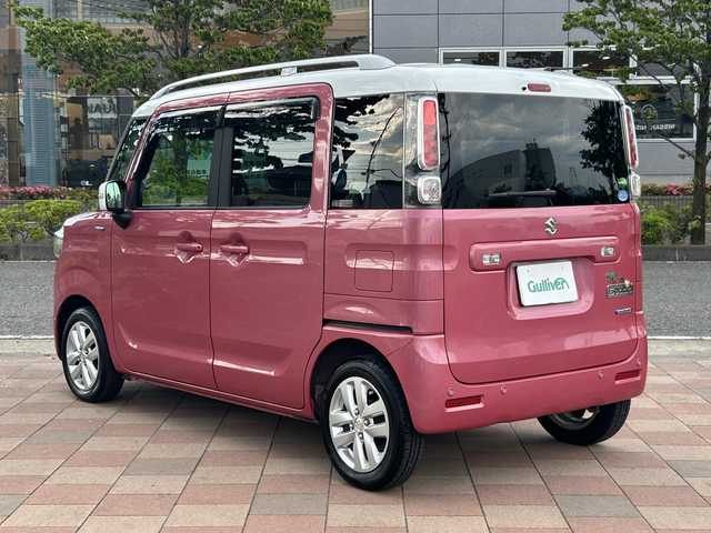 スズキ スペーシア HYBRID X 福島県 2019(令1)年 2.2万km チアフルピンクメタリック/ホワイト2トーンルーフ ワンオーナー/両側パワースライドドア/純正ディーラーOPナビ・フルセグTV/DVD/CD/USB/SD/Bluetooth/純正14インチアルミホイール/セーフティサポート（予防安全技術）/・デュアルセンサーブレーキサポート/・車線逸脱警報機能/・先行車発進お知らせ機能/・後退時ブレーキサポート/・リアパーキングセンサー/・誤発進抑制機能/・ふらつき警報機能/・ハイビームアシスト/・後方誤発信抑制機能/LEDライト/ルーフレール/右前シートヒーター/スマートキー2個/プッシュスタート/新車時保証書/取扱説明書/ナビ取扱説明書