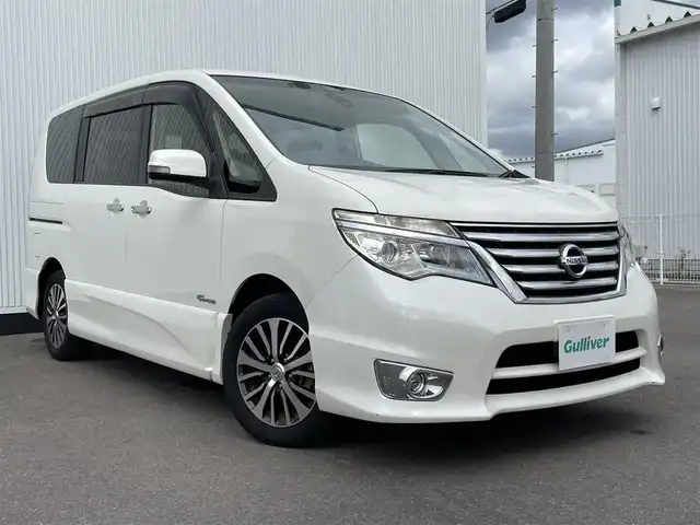 日産 セレナ ハイウェイS G Sハイブリッド 大分県 2014(平26)年 8.8万km ブリリアントホワイトパール 社外ナビ/DVD再生可能/ハンズフリーBluetooth接続/アルパイン後席モニター/LEDヘッドライト/フォグ/オートライト/ミラーウィンカー/スマートキー/プッシュスタート/クルーズコントロール/両側電動スライドドア/ETC/アイドリングストップ