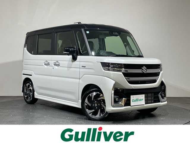 スズキ スペーシア カスタム HYBRID XS 愛媛県 2025(令7)年 0.1千km ピュアホワイトパール/ブラック2トーン 純正9インチナビ/Bluetooth/フルセグ/USB/全周囲カメラ/レーダークルーズコントロール/衝突被害軽減ブレーキ/レーンキープアシスト/コーナーセンサー/LEDヘッドライト/オートマチックハイビーム/オートライト/両側電動スライドドア/ハーフレザーシート/シートヒーター/ベンチシート/プッシュスタート/スペアキー/保証書/取扱説明書