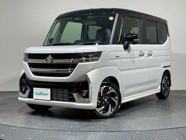 スズキ スペーシア カスタム HYBRID XS 愛媛県 2025(令7)年 0.1千km ピュアホワイトパール/ブラック2トーン 純正9インチナビ/Bluetooth/フルセグ/USB/全周囲カメラ/レーダークルーズコントロール/衝突被害軽減ブレーキ/レーンキープアシスト/コーナーセンサー/LEDヘッドライト/オートマチックハイビーム/オートライト/両側電動スライドドア/ハーフレザーシート/シートヒーター/ベンチシート/プッシュスタート/スペアキー/保証書/取扱説明書