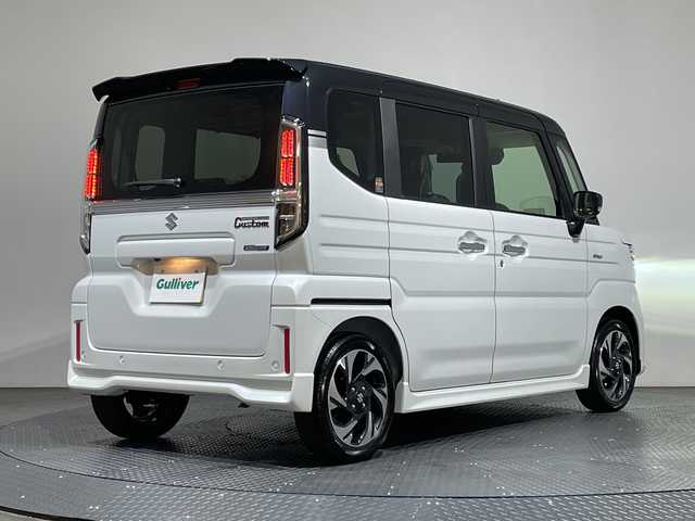 スズキ スペーシア カスタム HYBRID XS 愛媛県 2025(令7)年 0.1千km ピュアホワイトパール/ブラック2トーン 純正9インチナビ/Bluetooth/フルセグ/USB/全周囲カメラ/レーダークルーズコントロール/衝突被害軽減ブレーキ/レーンキープアシスト/コーナーセンサー/LEDヘッドライト/オートマチックハイビーム/オートライト/両側電動スライドドア/ハーフレザーシート/シートヒーター/ベンチシート/プッシュスタート/スペアキー/保証書/取扱説明書