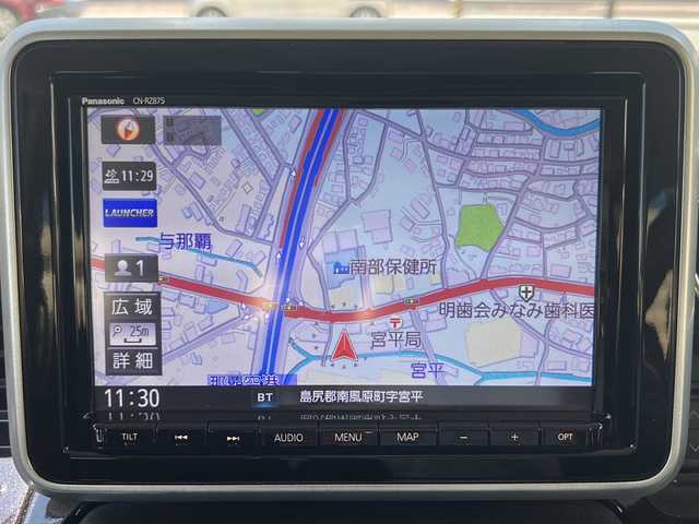 スズキ スペーシア カスタム HYBRID XS ターボ 沖縄県 2022(令4)年 1.2万km ピュアホワイトP 純正8型ナビ　/（ＡＭ／ＦＭ／ＣＤ／ＤＶＤ／ＢＴ）　/全方位モニター　/フルセグＴＶ　/両側パワスラ　/衝突軽減　/ヘッドアップディスプレイ/コーナーセンサー　/レーンキープアシスト　/クルーズコントロール/シートヒーター　/ドラレコ　/オートライト　/ＵＳＢ入力端子/アイドリングストップ/横滑り防止/LEDヘッドライト/ハーフレザー/純正15Aw/スマートキー/純正フロアマット