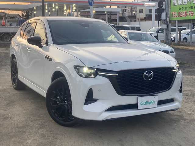 マツダ ＣＸ－６０ XD HV エクスクルーシブスポーツ 福島県 2022(令4)年 2.5万km ロジウムホワイトプレミアムメタリック ・４WD/・BOSEサウンド/・純正ディスプレイオーディオ/・BT/USB・フルセグ/・360°ビューモニター/・ETC/・ドライブレコーダー/・i-ACTIVSENSE/・アドバンスト・スマート・シティ・ブレーキ・サポート/・レーンキープアシスト/・レーダークルーズコントロール/・クリアランスソナー/・横滑り防止装置/・ブラインドスポットモニタリング/・アイドリングストップ/・ハイビーム・コントロール・システム/・アダプティブ・フロントライティング・システム/・LEDヘッドライト/・オートライト/・パワーバックドア/・レザーシート/・全席シートヒーター/・D+N席シートエアコン/・D+N席パワーシート/・ステアリングヒーター/・置くだけ充電/・100V電源/・純正20インチAW/・純正フロアマット/・プッシュスタート/・スマートキー/・スペアキー/・保証書