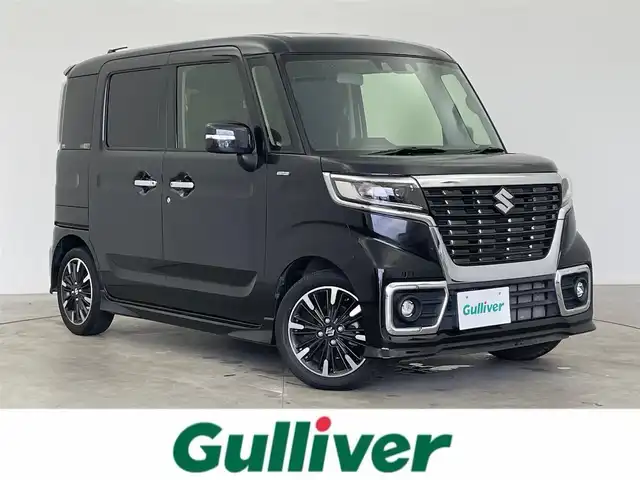 スズキ スペーシア カスタム HYBRID XS 富山県 2021(令3)年 2.2万km ブルーイッシュブラックパール3 社外ナビ（AM/FM/CD/DVD/BT）/フルセグTV/バックカメラ/両側パワースライドドア/アダプティブクルーズコントロール/衝突被害軽減ブレーキ/レーンキープアシスト/LEDヘッドライト/オートライト/コーナーセンサー前後/ハーフレザーシート/D席シートヒーター/スマートキー×２/プッシュスタート/アイドリングストップ/社外フロアマット