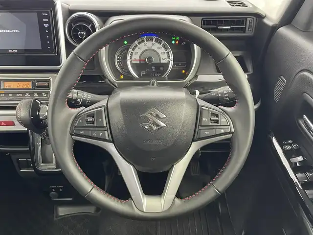 スズキ スペーシア カスタム HYBRID XS 富山県 2021(令3)年 2.2万km ブルーイッシュブラックパール3 社外ナビ（AM/FM/CD/DVD/BT）/フルセグTV/バックカメラ/両側パワースライドドア/アダプティブクルーズコントロール/衝突被害軽減ブレーキ/レーンキープアシスト/LEDヘッドライト/オートライト/コーナーセンサー前後/ハーフレザーシート/D席シートヒーター/スマートキー×２/プッシュスタート/アイドリングストップ/社外フロアマット