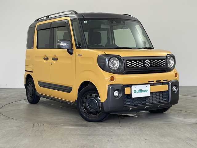 スズキ スペーシア ギア HYBRID XZターボ 兵庫県 2021(令3)年 2.5万km アクティブイエロー/ガンメタリック2トーン ・デュアルカメラブレーキサポート/・誤発進抑制機能/・車線逸脱警報機能/・ふらつき警報機能/・先行車発進お知らせ機能/・アダプティブクルーズコントロール/・ハイビームアシスト/・後退時ブレーキサポート/・後方誤発進抑制機能/・LEDヘッドライト/・社外SDナビ（CN-RZ765W）/CD/DVD/SD/BT/フルセグ/・バックカメラ/・ビルトインETC/・両側パワースライドドア/・パドルシフト/・革巻きステアリング/・社外前後ドライブレコーダー/・横滑り防止装置/・クリアランスソナー/・スマートキー
