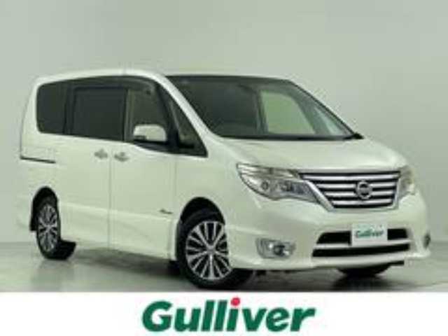 日産 セレナ HWS S HV Vセレ +Sefty 大阪府 2015(平27)年 6.4万km ブリリアントホワイトパール 純正SDナビ/CD/DVD/SD/Bluetooth/フルセグTV/バックカメラ/両側パワースライドドア/クルーズコントロール/エマージェンシーブレーキ/車線逸脱警報/LEDヘッドライト/オートライト/フォグランプ/スマートキー/プッシュスタート/ETC/シートバックテーブル/電動格納ミラー/純正フロアマット/純正ドアバイザー/純正アルミホイール