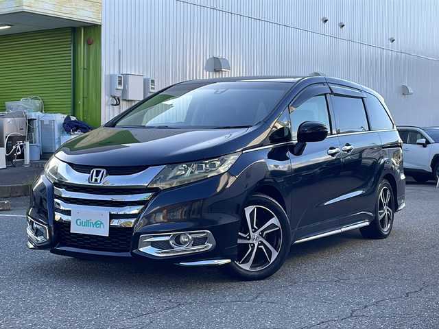 ホンダ オデッセイ アブソルート 福井県 2014(平26)年 10.8万km プレミアムヴィーナスブラックP ワンオーナー /あんしんパッケージ/コンフォートビューパッケージ/シティブレーキアクティブシステム/純正ナビゲーション/（CD/DVD/BT）/フルセグテレビ /バックカメラ/純正フリップダウンモニター/LEDヘッドライト/フォグランプ/クルーズコントロール/パドルシフト/両側電動スライドドア/純正17インチアルミホイール/２列目プレミアムクレイドルシート/オットマン/ハーフレザーシート/USBポート/ステアリングリモコン/ETC(ビルトイン)/プッシュスタート/スマートキー/アイドリングストップ/保証書/取扱説明書
