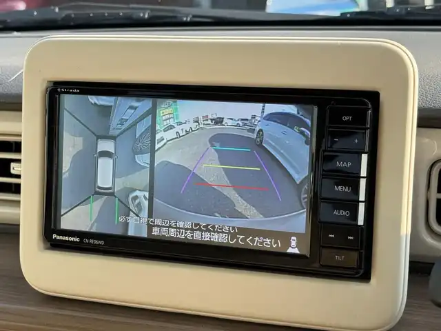 スズキ ラパン X 滋賀県 2020(令2)年 3.4万km フォーンベージュメタリック/ホワイト2トーンルーフ ワンオーナー/パナソニックストラーダフルセグナビ/　フルセグ Bluetooth CD DVD AM FM/パノラミックビューモニター/デュアルセンサーブレーキサポート/誤発進抑制機能/車線逸脱警報/ふらつき警報/先行車発進お知らせ機能/ハイビームアシスト/標識認識機能/後退時ブレーキサポート/後方誤発進抑制機能/リヤパーキングセンサー/コーナーセンサー/シートヒーター/スマートキー×2/プッシュスタート/純正14インチアルミ/純正フロアマット/純正ドアバイザー/