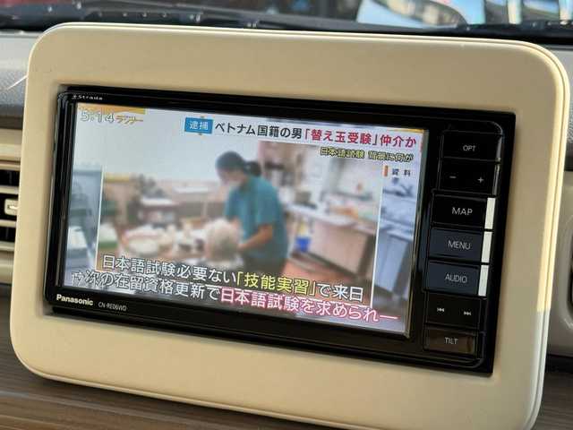 スズキ ラパン X 滋賀県 2020(令2)年 3.4万km フォーンベージュメタリック/ホワイト2トーンルーフ ワンオーナー/パナソニックストラーダフルセグナビ/　フルセグ Bluetooth CD DVD AM FM/パノラミックビューモニター/デュアルセンサーブレーキサポート/誤発進抑制機能/車線逸脱警報/ふらつき警報/先行車発進お知らせ機能/ハイビームアシスト/標識認識機能/後退時ブレーキサポート/後方誤発進抑制機能/リヤパーキングセンサー/コーナーセンサー/シートヒーター/スマートキー×2/プッシュスタート/純正14インチアルミ/純正フロアマット/純正ドアバイザー/