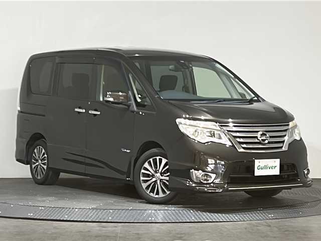 日産 セレナ ハイウェイS S HV Aセーフ 愛媛県 2014(平26)年 13.7万km タイガーアイブラウン エマージェンシーブレーキ　レーンキープアシスト　クルーズコントロール　インテリジェントルームミラー　純正SDナビ　Bluetooth　フルセグ　CD　DVD　アラウンドビューモニター　両側パワースライドドア　プッシュスタート　スマートキー　スペアキー　