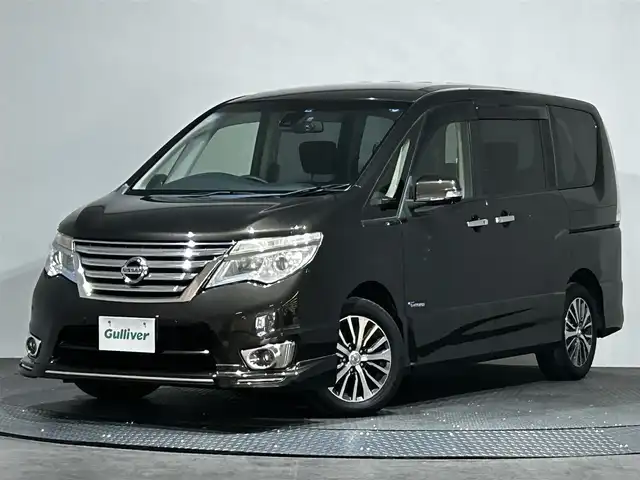 日産 セレナ ハイウェイS S HV Aセーフ 愛媛県 2014(平26)年 13.7万km タイガーアイブラウン エマージェンシーブレーキ　レーンキープアシスト　クルーズコントロール　インテリジェントルームミラー　純正SDナビ　Bluetooth　フルセグ　CD　DVD　アラウンドビューモニター　両側パワースライドドア　プッシュスタート　スマートキー　スペアキー　