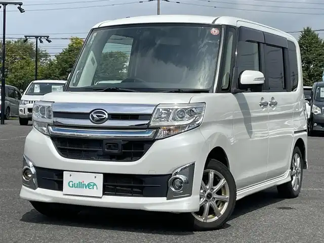ダイハツ タント カスタム RS スマートセレ SA 道央・札幌 2014(平26)年 11.7万km パールホワイトⅢ ４WD/社外HDDナビ　/CD/DVD/BT/フルセグ/スマートアシスト/衝突被害軽減ブレーキ/横滑り防止装置/バックカメラ/ドライブレコーダー/エコアイドル/両側パワースライドドア/社外レザー調シートカバー/ステアリングリモコン/プッシュスタート/スマートキー/LEDヘッドライト/オートライト/フォグランプ/電動格納ミラー/ウィンカーミラー/純正フロアマット/ドアバイザー
