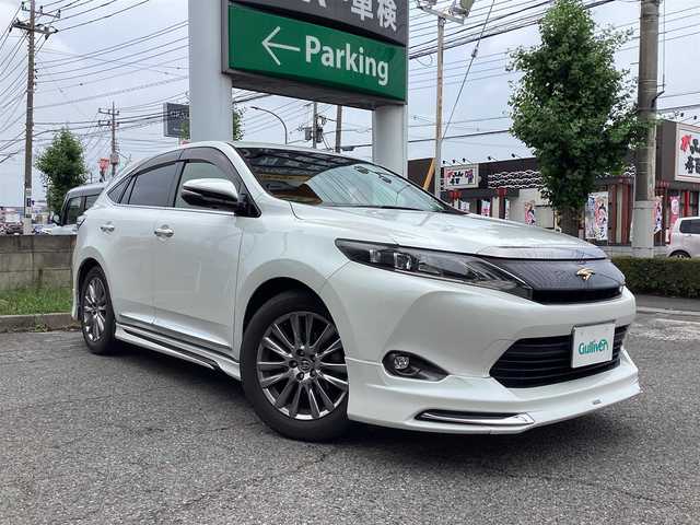 トヨタ ハリアー プレミアム 栃木県 2015(平27)年 11.6万km ホワイトパールクリスタルシャイン グレード　プレミアム/純正９インチナビ/大型サンルーフ（開閉＆チルト）/プッシュスタート/ハーフレザーシート /ビルトインETC/LDA（レーンディパーチャーアラート）/パワーバックドア/オートミラー/モデリスタフルエアロ/純正フロアマット/ウッドコンビハンドル/LEDヘッドライト/LEDフォグランプ/オートライト/純正18inchホイール/バックカメラ/オートエアコン/スペアスマートキー/保証書