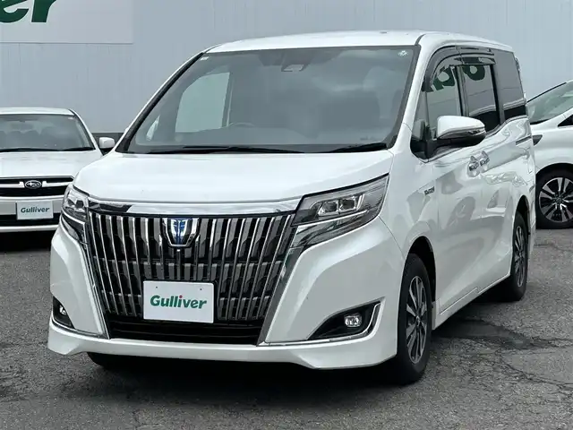 トヨタ エスクァイア ハイブリッド Gi 福島県 2018(平30)年 5.9万km ホワイトパールクリスタルシャイン ワンオーナー/純正ＳＤナビ/・ＣＤ/・ＤＶＤ/・フルセグＴＶ/・ＳＤ/・Ｂｌｕｅｔｏｏｔｈ/後席モニター/バックカメラ/両側パワースライドドア/純正エンジンスターター/クルーズコントロール/トヨタセーフティセンス/・プリクラッシュセーフティシステム/・レーンディパーチャーアラート/・オートマチックハイビーム/・先行車発進告知機能/ビルトインＥＴＣ/D席＋N席シートヒーター/ｎａｎｏｅエアコン/スペアキーあり/保証書/取扱説明書