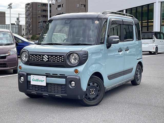 スズキ スペーシア ギア HYBRID XZ 長野県 2020(令2)年 5万km オフブルーメタリック/ガンメタリック2トーンルーフ ４WD/社外7インチナビ/BluetoothAudio/ステアリングスイッチ/ワンセグTV/バックカメラ/両側パワースライドドア/セーフティサポート/・デュアルセンサーブレーキサポート/・車線逸脱警報機能/・ふらつき警報/・リアパーキングセンサー/シートヒーター（D・N席）/革巻きステアリング/アイドリングストップ/LEDヘッドライト/フォグランプ/オートライト/スマートキー/プッシュスタート/電動格納ミラー/純正ラバーマット