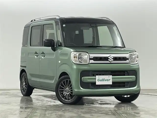 スズキ スペーシア HYBRID X 2トーン 福島県 2019(令1)年 5.3万km ツールグリーンパールメタリック/ブラック2トーン ＳＤナビゲーション　/【AM/FM/DVD/CD/Bluetooth/フルセグ】/型番:AVN-R10W/衝突被害軽減システム　/両側パワースライドドア　/シートヒーター　/コーナーセンサー　/車線逸脱警報　/オートマチックハイビーム　/・ＨＩＤライト　/・オートライト　/プッシュスタート　/・スマートキー/ルーフレール/ターボ車/横滑り防止装置/取扱説明書/