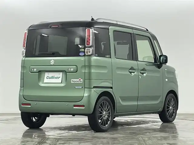 スズキ スペーシア HYBRID X 2トーン 福島県 2019(令1)年 5.3万km ツールグリーンパールメタリック/ブラック2トーン ＳＤナビゲーション　/【AM/FM/DVD/CD/Bluetooth/フルセグ】/型番:AVN-R10W/衝突被害軽減システム　/両側パワースライドドア　/シートヒーター　/コーナーセンサー　/車線逸脱警報　/オートマチックハイビーム　/・ＨＩＤライト　/・オートライト　/プッシュスタート　/・スマートキー/ルーフレール/ターボ車/横滑り防止装置/取扱説明書/