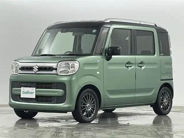 スズキ スペーシア HYBRID X 2トーン 福島県 2019(令1)年 5.3万km ツールグリーンパールメタリック/ブラック2トーン ＳＤナビゲーション　/【AM/FM/DVD/CD/Bluetooth/フルセグ】/型番:AVN-R10W/衝突被害軽減システム　/両側パワースライドドア　/シートヒーター　/コーナーセンサー　/車線逸脱警報　/オートマチックハイビーム　/・ＨＩＤライト　/・オートライト　/プッシュスタート　/・スマートキー/ルーフレール/ターボ車/横滑り防止装置/取扱説明書/