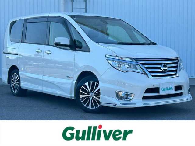 日産 セレナ HWS S HV Vセレ +SeftyⅡ 愛媛県 2016(平28)年 6.5万km ブリリアントホワイトパール 純正SDナビ/ビルトインETC/クルコン/フロントエアロ/スペアキー/LED/オートライト/フリップダウンモニター/コーナーセンサー/純正16インチアルミホイール/アラウンドビューモニター/両側パワースライドドア/レーンキープアシスト/プッシュスタート/衝突被害軽減システム/ABS/横滑り防止装置/純正フロアマット/チップアップシート