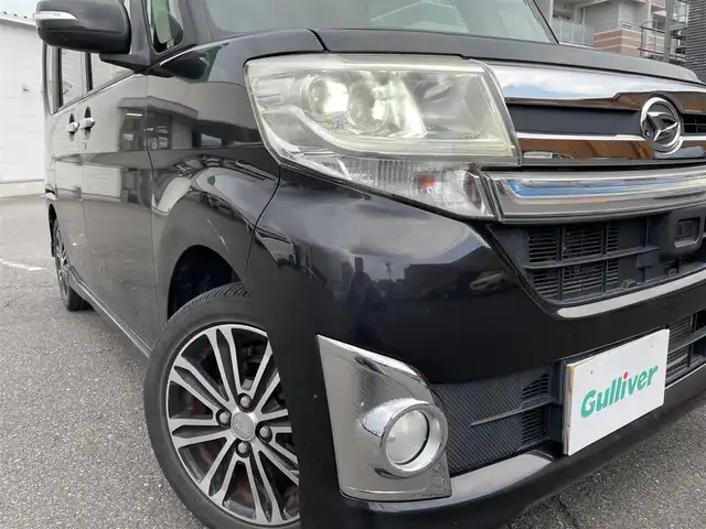 ダイハツ タント カスタム RS SA 静岡県 2014(平26)年 7.9万km ブラックマイカメタリック ワンオーナー/純正SDナビ・フルセグTV/DVD/CD/USB/SD/Bluetooth/バックカメラ/両側パワースライド/スマートアシスト（衝突回避支援システム）/・低速域衝突回避支援ブレーキ機能/・誤発進抑制制御機能/・先行車発進お知らせ機能/・VSC/・TRC/純正エアロ/純正15インチAW/LEDライト/スマートキー/スペアキー/プッシュスタート/新車時保証書/取扱説明書