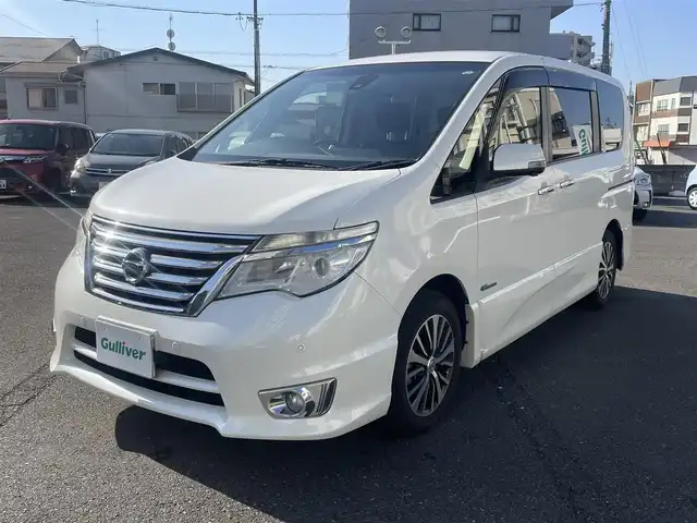 日産 セレナ HWS S HV Vセレ +Sefty 静岡県 2015(平27)年 8.7万km ブリリアントホワイトパール エマージェンシーブレーキ/アラウンドビューモニター/横滑り防止機能/車線逸脱警報/クルーズコントロール/フリップダウンモニター/純正SDナビ/・フルセグ/Bluetooth/SD/CD/DVD/両側パワースライドドア/LEDヘッドライト/フォグライト/スマートキーｘ２/プッシュスタート/2列目サンシェード/2列目パーソナルテーブル/純正16インチAW/ETC/ドアバイザー/純正フロアマット/新車時保証書/取扱説明書