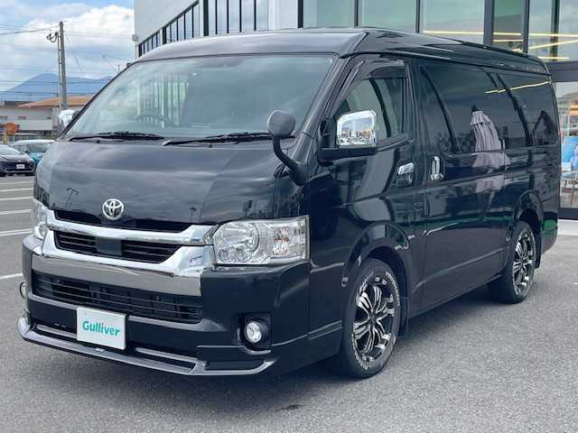 トヨタ ハイエース GL ロング 長崎県 2022(令4)年 1.9万km ブラックマイカ ワンオーナー/カロッツェリア後席モニター/モデリスタエアロ/社外ナビ/（BD/DVD/CD/SD/フルセグ）/バックカメラ/プリクラッシュセーフティシステム/レーンキープアシスト/AC100V/オートライト/純正タイヤ積込/ドライブレコーダー/スマートキー/革調シートカバー/純正フロアマット/クリアランスソナー/新車保証書/取扱説明書