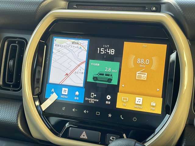 スズキ ハスラー HYBRID G 福岡県 2025(令7)年 0.1千km クールカーキPM 登録済未使用車/純正9インチナビ/（Apple CarPlay、AM、FM、CD、DVD、Bluetooth、USB、TV）/全方位カメラ/レーダークルーズコントロール/LEDヘッドライト/シートヒーター/車線逸脱警報/衝突軽減ブレーキ/横滑り防止装置/純正15インチホイール/電動格納ミラー/ステアリングスイッチ/ヘッドライトレベライザー/プッシュスタート