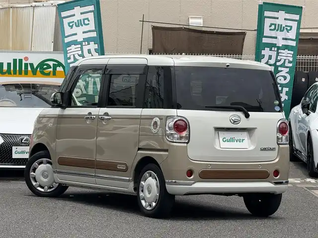 ダイハツ ムーヴ キャンバス X メイクアップ リミテッド SAⅢ 愛知県 2019(平31)年 2.8万km パールホワイトⅢ/ナチュラルベージュマイカメタリック 2トーン /禁煙車//Relax　style//ウッド調デカールパック//ピンストライプ/サイドストライプ/リアバンパーストライプ//フューエルリッドガーニッシュ//社外ナビ//フルセグ/Bluetooth/CD/DVD/SD/MSV/ラジオ//パノラマモニター//両側パワースライドドア//スマートアシストIII//衝突回避支援ブレーキ機能//衝突警報機能//前方後方誤発進抑制制御機能//車線逸脱警報機能//先行車発進お知らせ機能//オートハイビーム//オートヘッドライト//ヘッドライトレベライザー//フォグランプ//プッシュスタート//スペアスマートキー//オートリトラクタブルミラー//VSC＆TRC//ヒルホールドシステム//アイドリングストップ//革巻きステアリング//ステアリモコン//チルトハンドル//フロアマット//後席置きラクボックス//スーパーUV＆IRカットガラス//保証書//取扱説明書//ナビ取扱説明書//点検整備記録簿R2.3.4