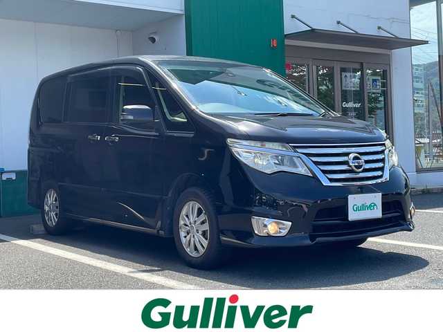 日産 セレナ ハイウェイスター Aセーフティ 京都府 2014(平26)年 19.5万km ダイヤモンドブラック 社外メモリナビ/BT/MSV/DVD/フルセグ/後席フリップダウンモニター/アラウンドビューモニター/エマージェンシーブレーキ/クルーズコントロール/LEDヘッドライト/両側パワースライドドア/ETC/純正15インチアルミ